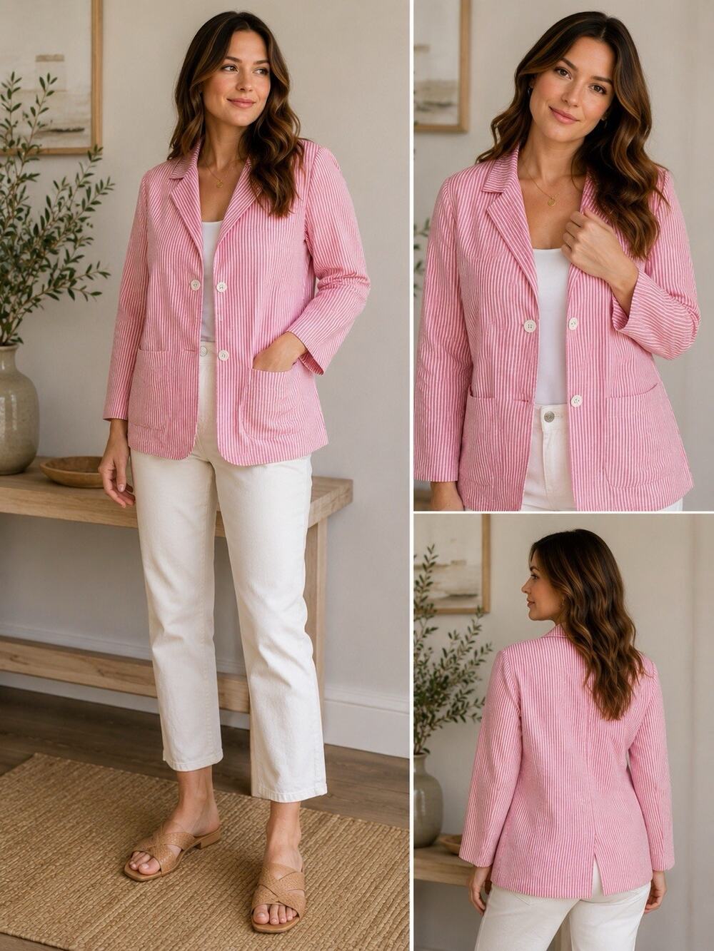 Bogner Women’s Pink White Seersucker Striped Cotton Blazer Jacket US 10 EU 40